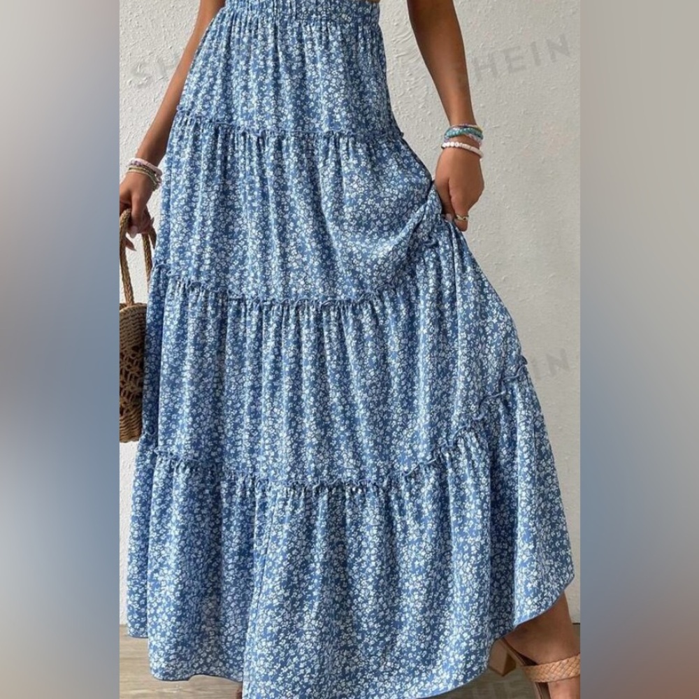 Shein Vcay Floral Print Frill Ruched Skirt